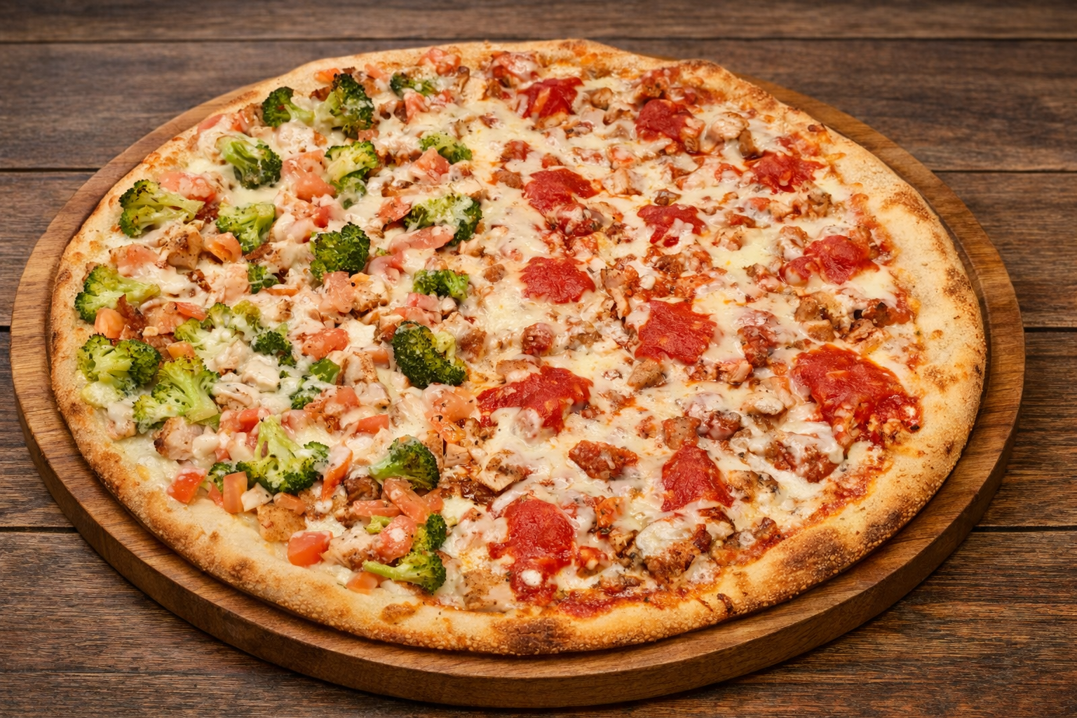 Half and half pizza served on a wooden tray at Carlo's Pizzeria in Shirley, NY